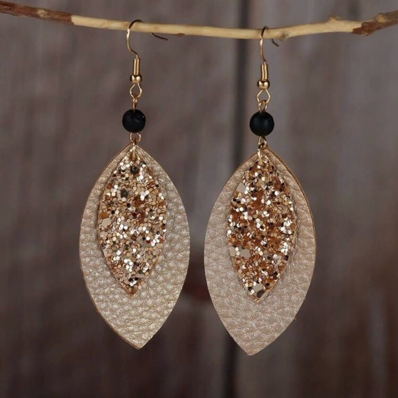Sparkling Gold and Black Leaf Earrings - Picture 5 of 5